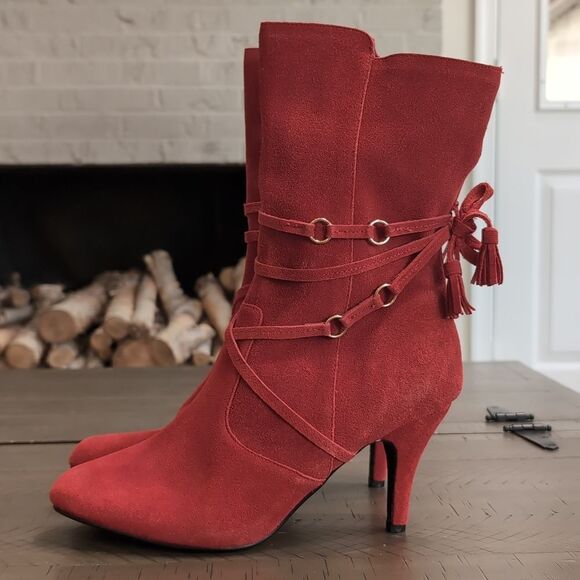 Hot In Hollywood Red Suede Heeled Boots Sz 11 - Picture 2 of 13